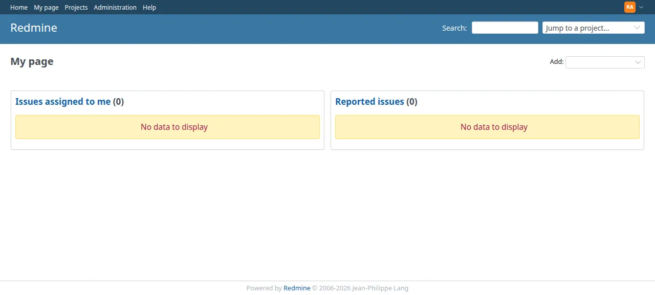 My page in Redmine after signing in as the admin